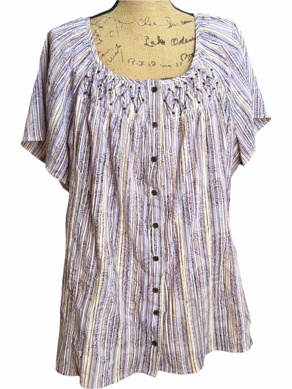 CJ Banks Lavender and Cream Striped Button-Front Women’s Top. EC. Size 2X